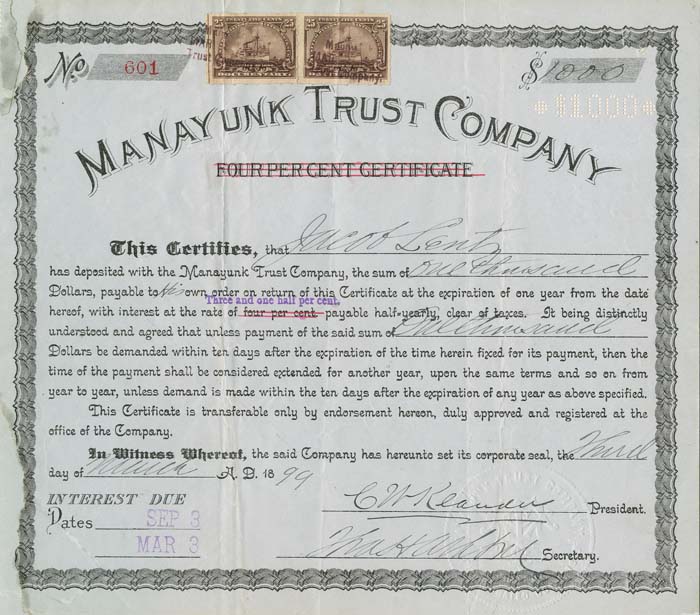 Manayunk Trust Co. - $1000 Bond